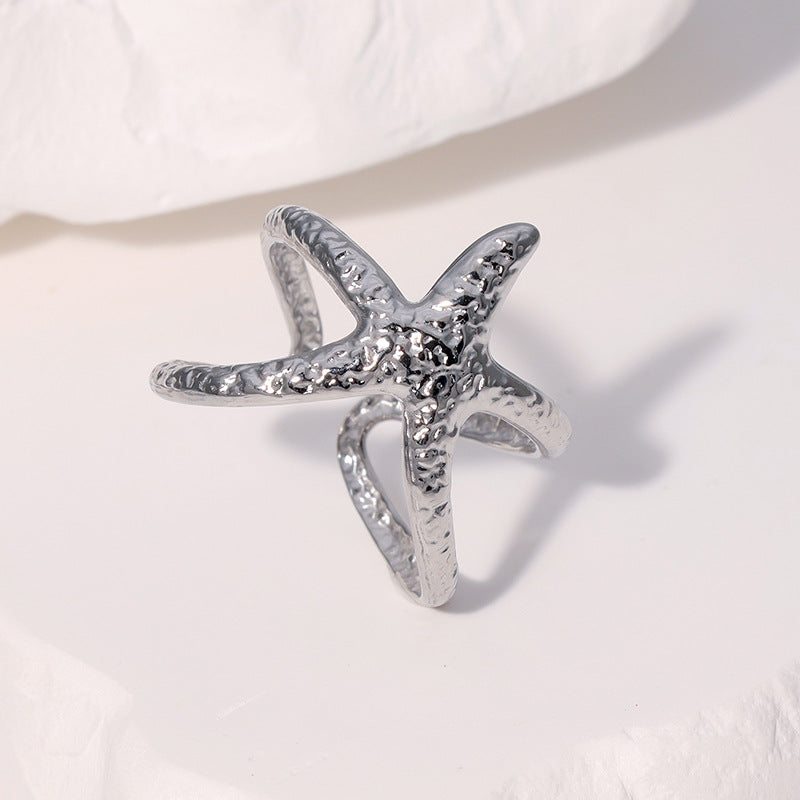 Minimalist Star-Shaped Stainless Steel Adjustable Open Ring for Women with Plated Finish