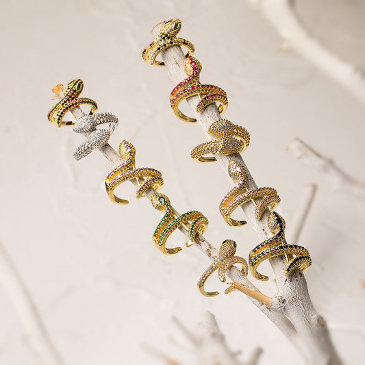 Minimalist Geometric Snake-Shaped Copper Ring with Real Gold Plating and Zircon Inlay for Women