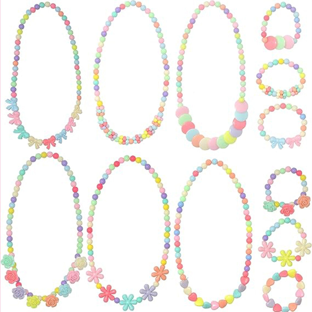 Set di collana e bracciale per bambini con perline, ciondoli a fiocco e fiore, fatti a mano in resina, per bambini da 0 a 10 anni