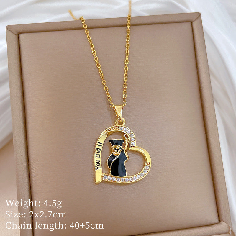 Sweet Minimalist Heart Drip Oil Rhinestone Pendant Necklace Titanium Steel Chain for Unisex