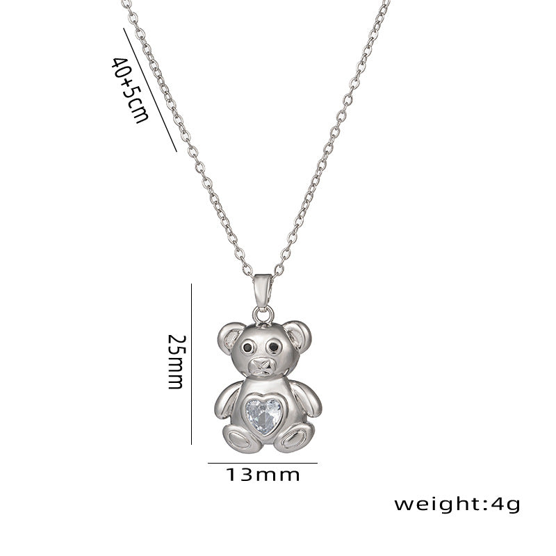 Collana pendente con orsetto carino minimalista da donna in acciaio al titanio con intarsio di strass su catena a O