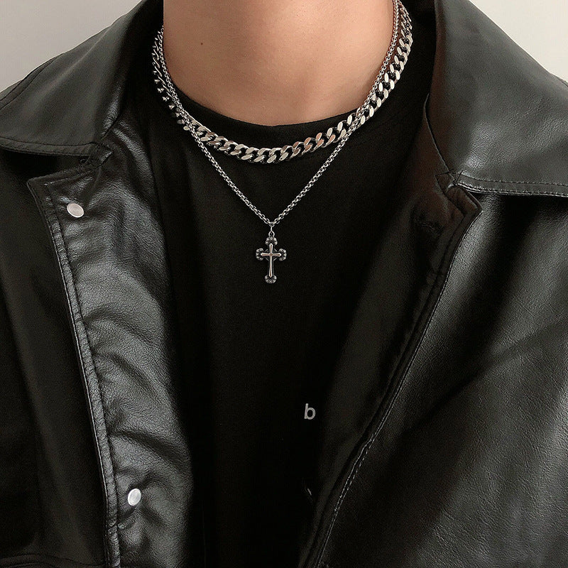 Minimalist Double-Layer Cross Pendant Necklace in Titanium Steel with Polished Finish for Men and Women