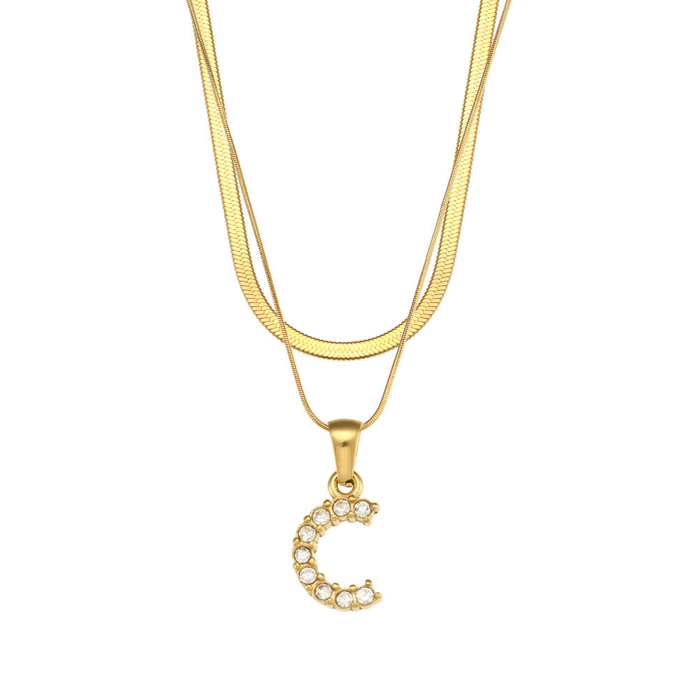 Fashionable Minimalist Letter Pendant Necklace in Stainless Steel with 18K Gold Plating and Cubic Zirconia on Double Snake Chain for Women