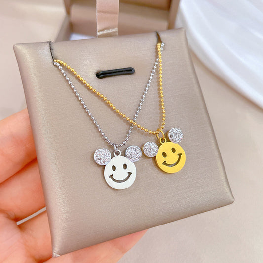 Minimalist Bear Pendant Necklace in Titanium Steel with Gold Plating for Women and Men, Smile Design Locket Chain Jewelry