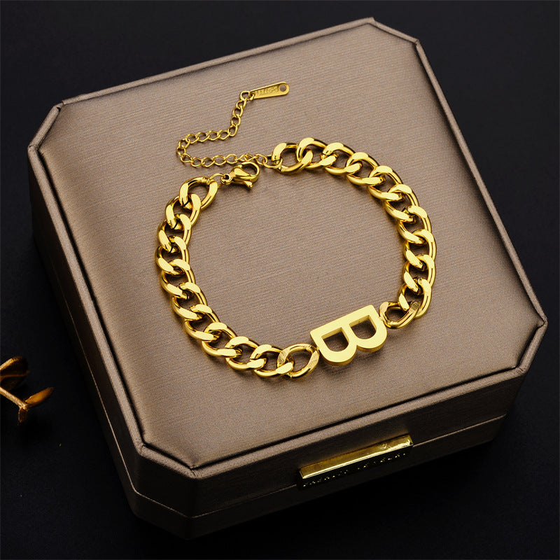 Collana con Lettera B in Stile Cartone Animato in Acciaio al Titanio Placcato Oro per Donna, Girocollo a Catena Spessa