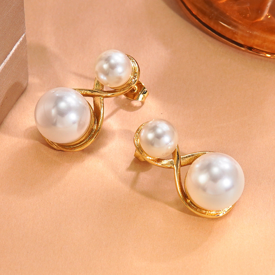 Vintage Elegant Geometric Round Gold Plated Stainless Steel Pearl Earrings