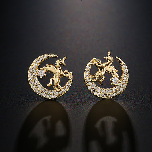 Pendientes de unicornio lunar minimalistas para mujer con base de cobre y chapado en oro de 18 quilates, detalles de circonita micro-pavé