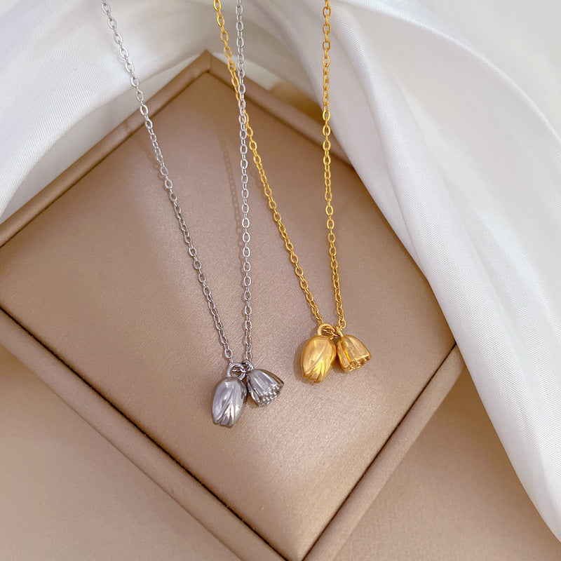 Minimalist Lotus and Penglai Geometric Pendant Necklace in Titanium Steel with Gold Plating for Women and Men