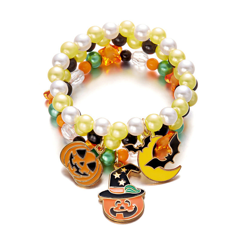 Braccialetto elasticizzato con perline casual geometriche a fantasma e zucca per donna con ciondolo in plastica