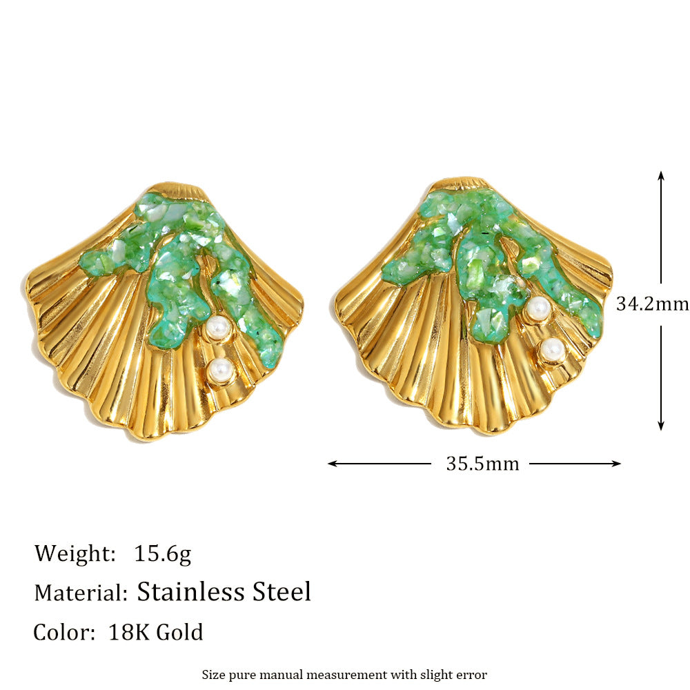 Fashionable Star-Shaped Stainless Steel Earrings with 18K Gold Plating Enamel Shell Pearl and Floral Accents