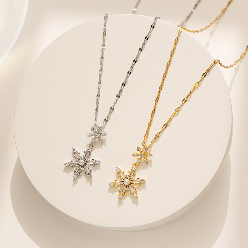 Minimalist Hexagram Pearl Snowflake Necklace in Titanium Steel with Gold Plating, Hypoallergenic Locket Chain for Women