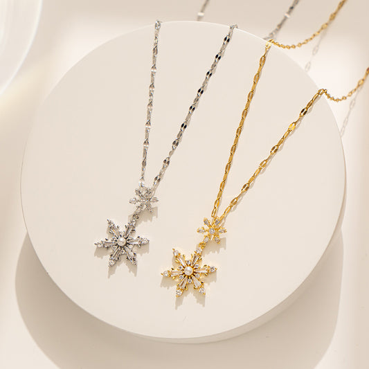 Collana Minimalista con Esagramma e Perla a Fiocco di Neve in Acciaio al Titanio con Placcatura in Oro, Catenina Ipoallergenica a Medaglione per Donne