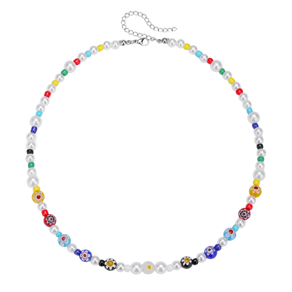 Unique Geometric Round Murano Glass Bead Stainless Steel Plated Alloy Pendant Multi-layer Cable Chain Necklace for Women