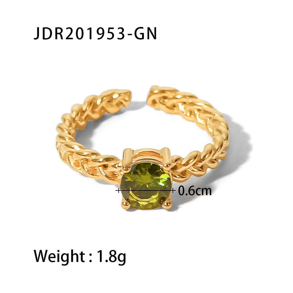 Fashionable 18K Gold Plated Stainless Steel Round Zircon Wheat Braided Adjustable Ring for Women
