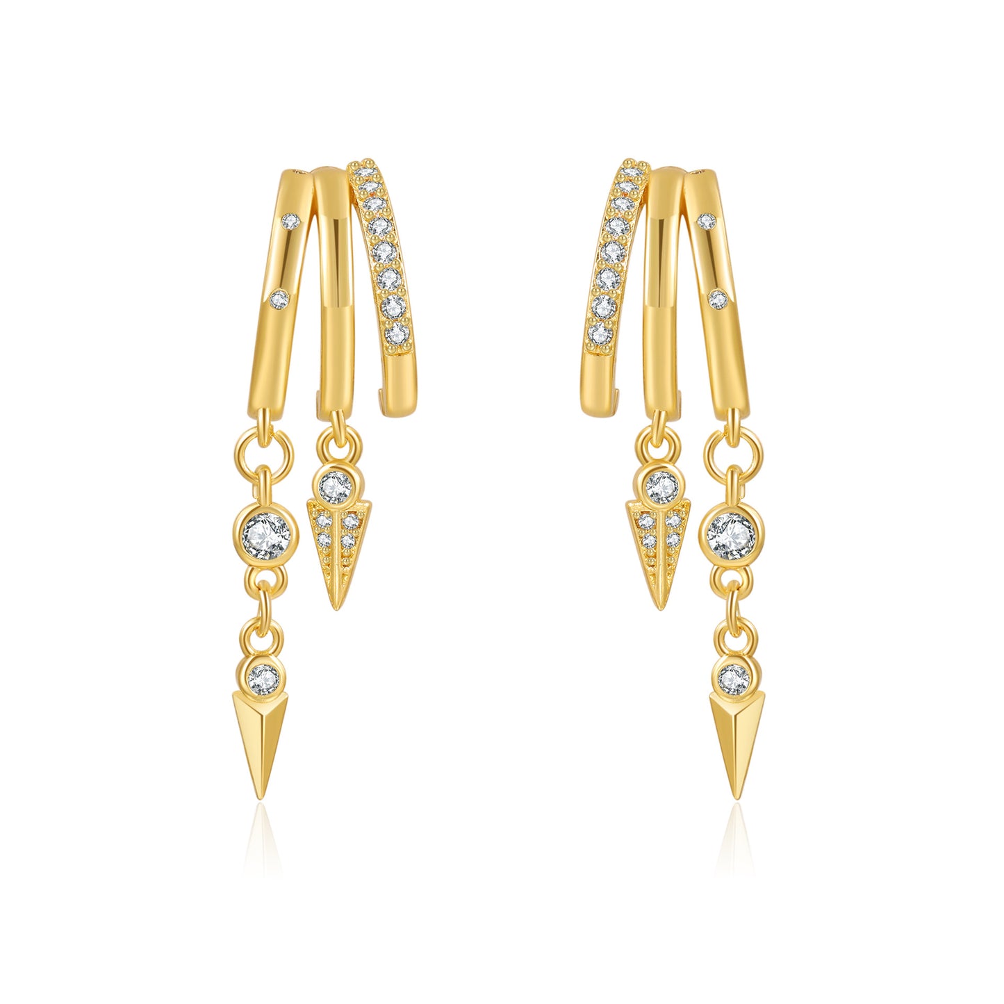 Hip-hop Gold Plated Brass Teardrop Round Cubic Zirconia Earrings with 925 Sterling Silver Posts for Women