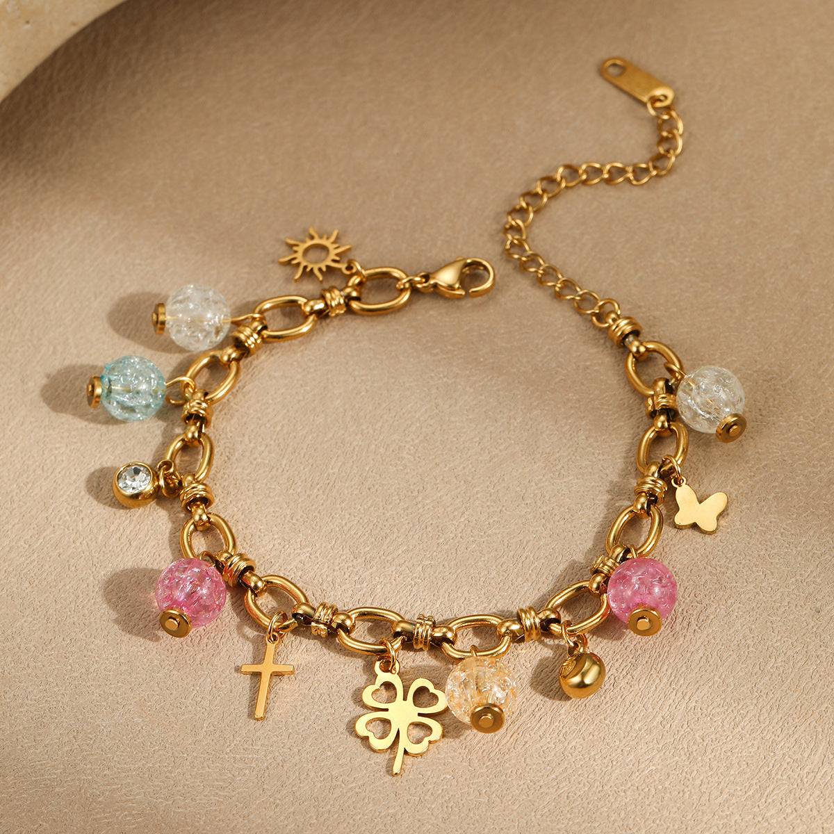 Bracciale con ciondolo geometrico a croce e trifoglio in acciaio inossidabile placcato, stile OL alla moda