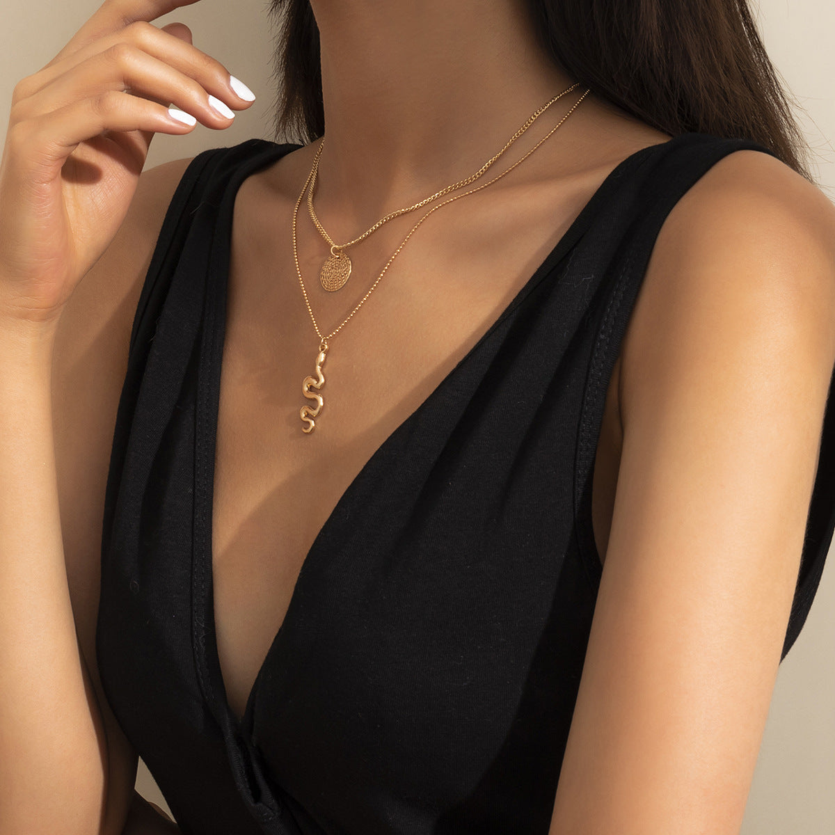 Minimalist Geometric Double-Layer Necklace with Snake Motif in Alloy with Electroplated Finish for Women