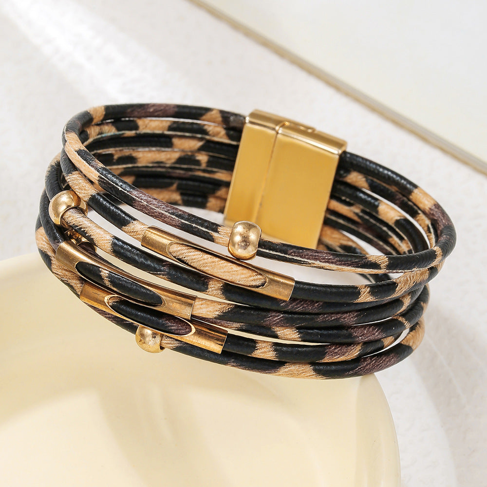 Leopard Print Geometric Round Leather Alloy Bracelet Unisex