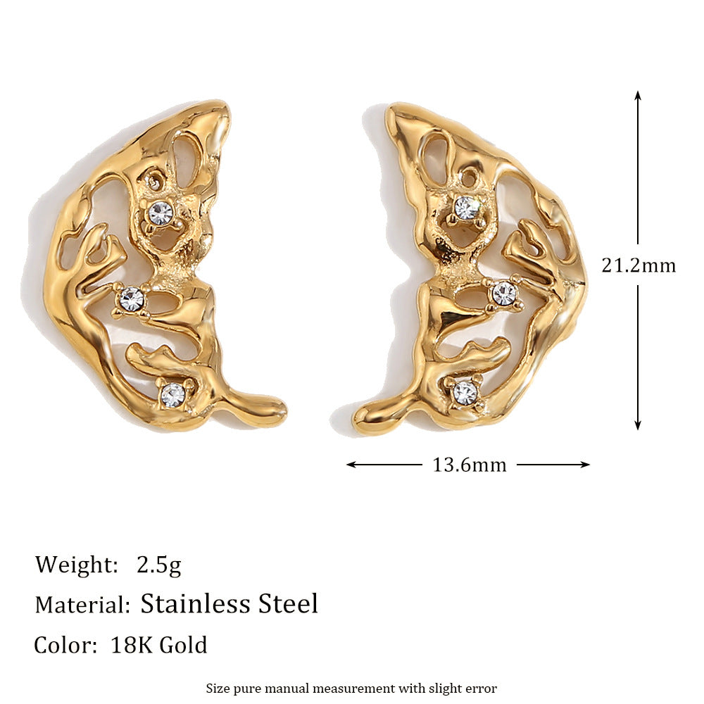 Minimalist Wing-Shaped Stainless Steel Earrings with 18K Gold Plating and Rhinestone Accents