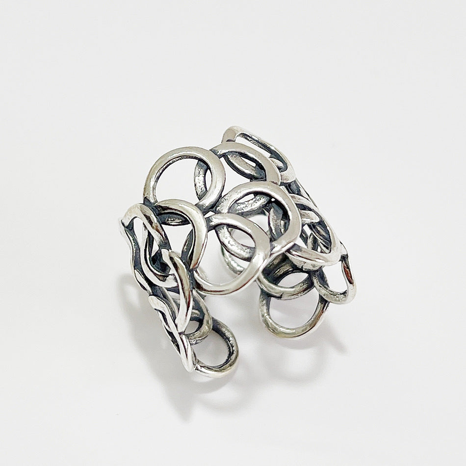 Anello da donna minimalista vintage in argento sterling 925, rotondo geometrico, a fascia larga