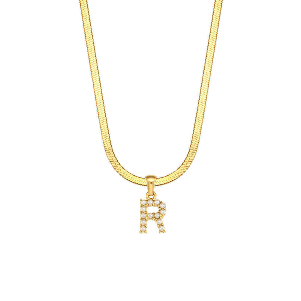 Fashionable Letter Pendant Necklace for Women Stainless Steel Plated 18K Gold Flat Snake Chain with Pearl Accent