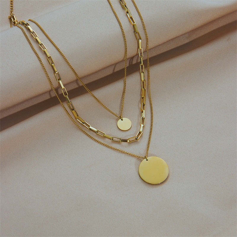 Collana da Donna Minimalista Geometrica a Strati con Ciondolo Rotondo Placcata in Acciaio al Titanio