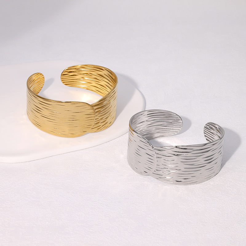 Vintage French Minimalist Wide Stainless Steel Irregular Open Bangle Bracelet for Women with Gold Plating