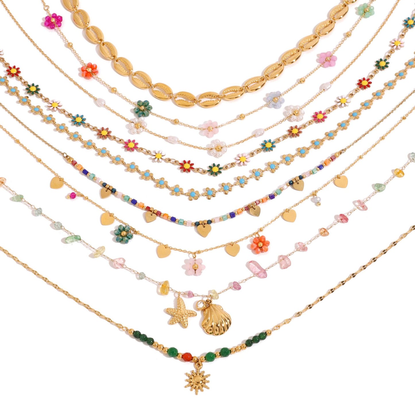 Collana con pendente bohémien geometrico in acciaio al titanio placcato oro con dettagli floreali da donna