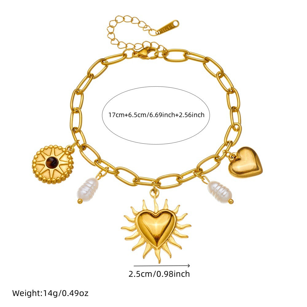 Vintage Floral Pearl Heart and Sunflower Pendant Bracelet in Gold-Plated Stainless Steel for Women