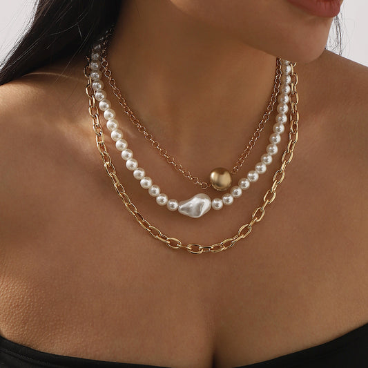 Collar de aleación minimalista con perlas y diseño geométrico, acabado chapado para mujer