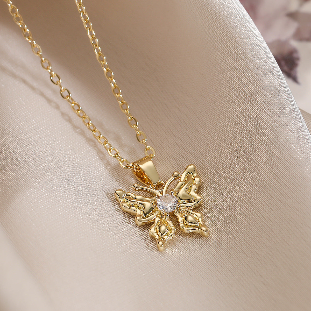 Minimalist Butterfly Pendant Necklace for Women Made of Brass with Rhinestone Inlay and Gold Plating