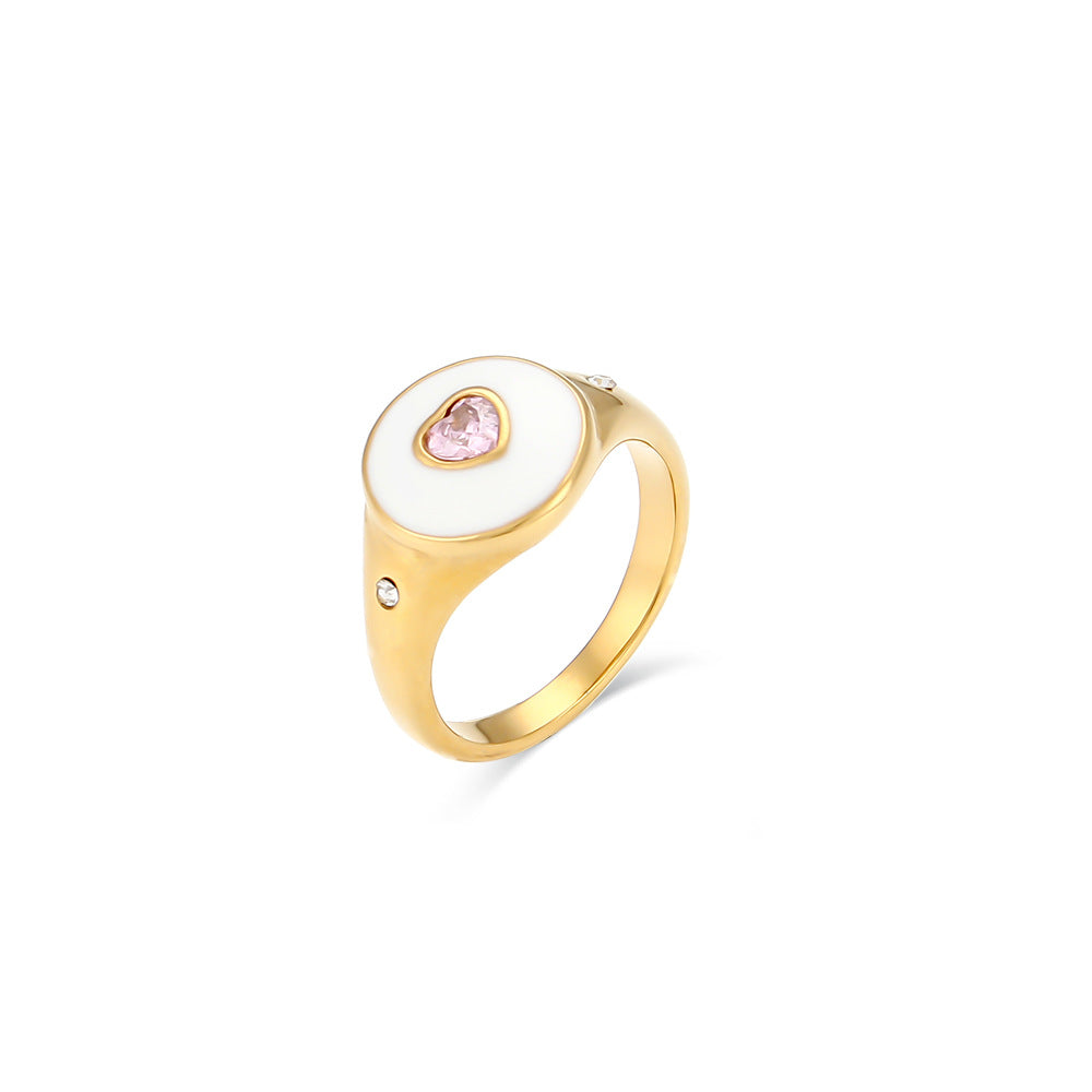 Anello da donna a forma di cuore con strass bianchi, in acciaio inossidabile placcato oro 18K con smalto nero, dal design geometrico retrò chic