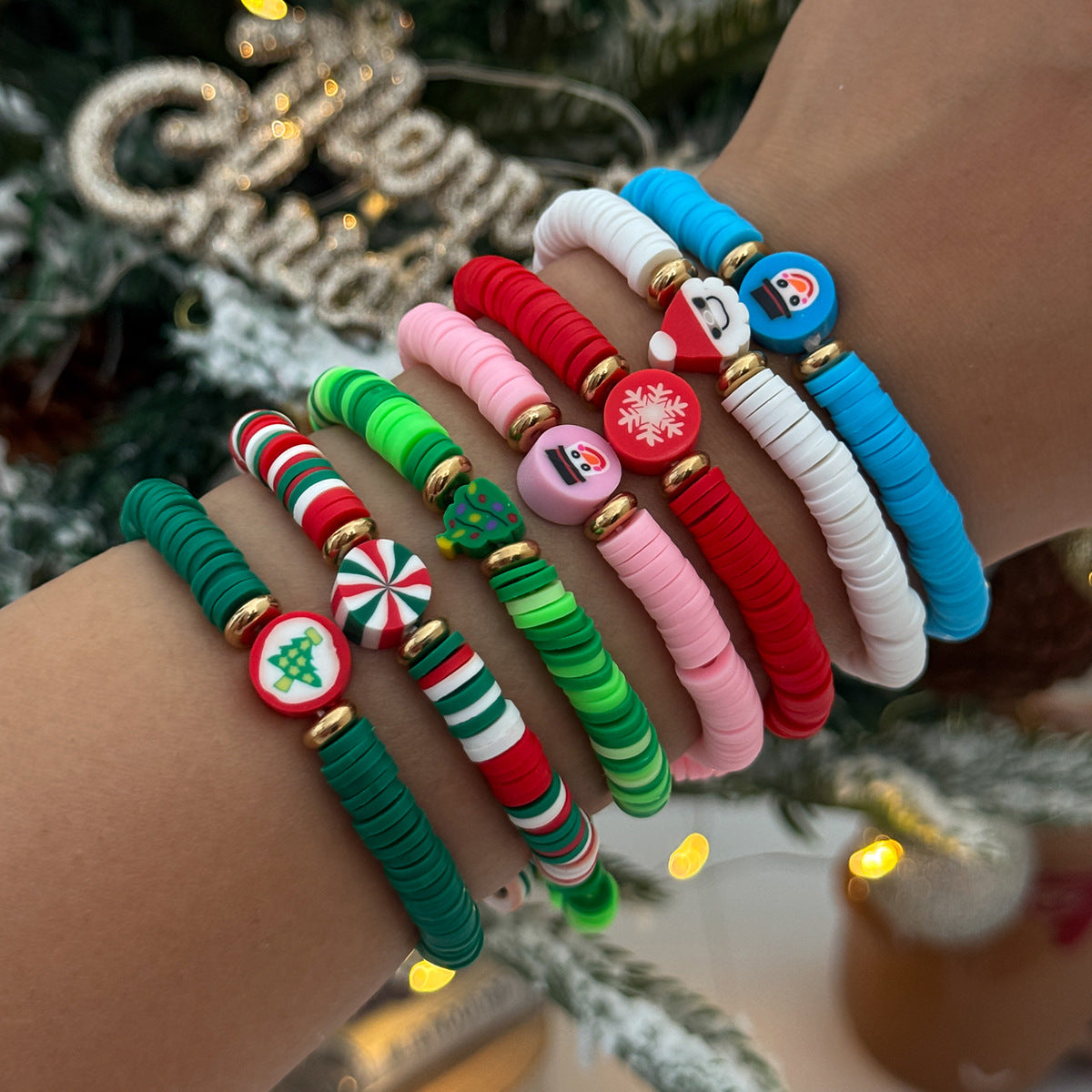 Christmas Letter Resin Bracelet Set Colorful Irregular Beaded with Strawberry and Watermelon Elements Unisex
