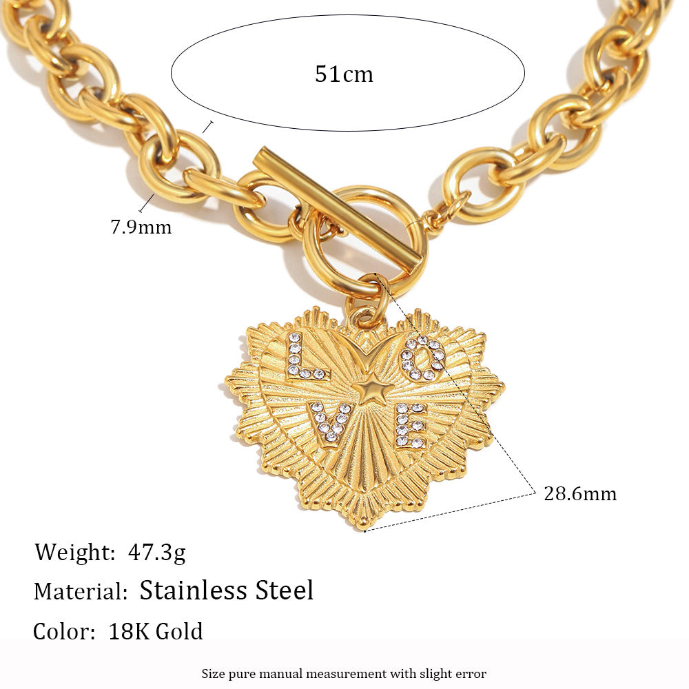 Set di collana e bracciale pendente a cuore in stile vintage in acciaio inossidabile con placcatura in oro 18 carati su catena O-ring