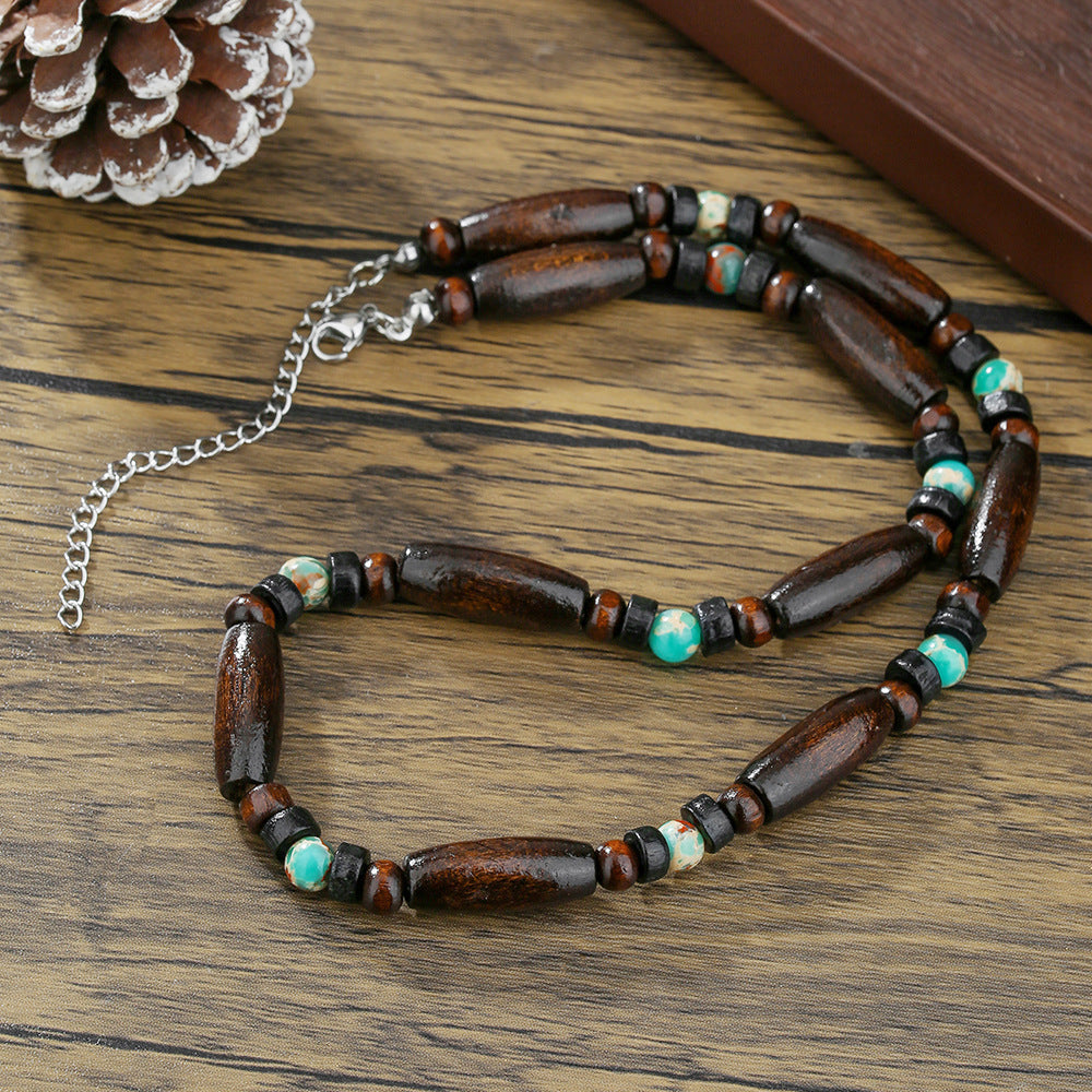Bohemian Vintage Geometric Wood and Turquoise Beaded Necklace with Cable Chain for Unisex