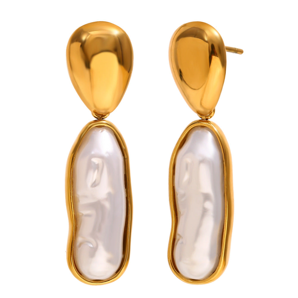 Pendientes Largos de Acero Inoxidable con Diseño Geométrico Vintage, Chapados en Oro de 18K y Acento de Perlas