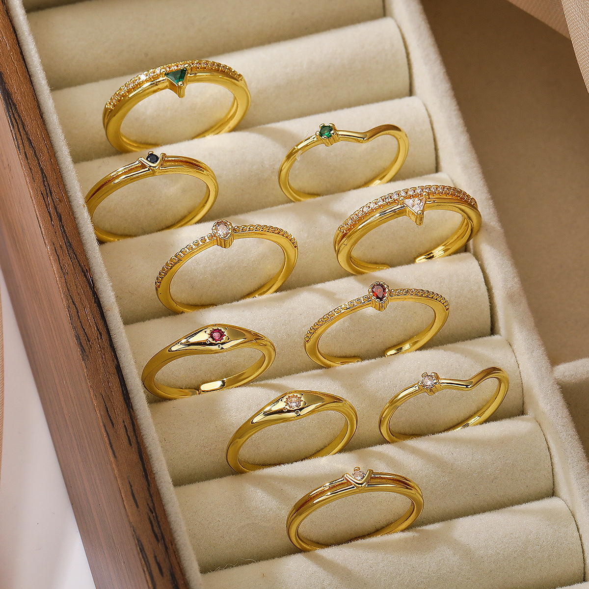 Minimalist Fashion Copper Ring with 18K Gold Plating and Zircon Inlay for Women, Irregular Open Band Design