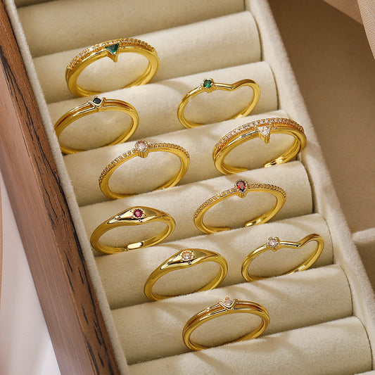 Anillo de Cobre Minimalista para Mujer, con Baño de Oro de 18K y Circonitas, Diseño Irregular de Banda Abierta