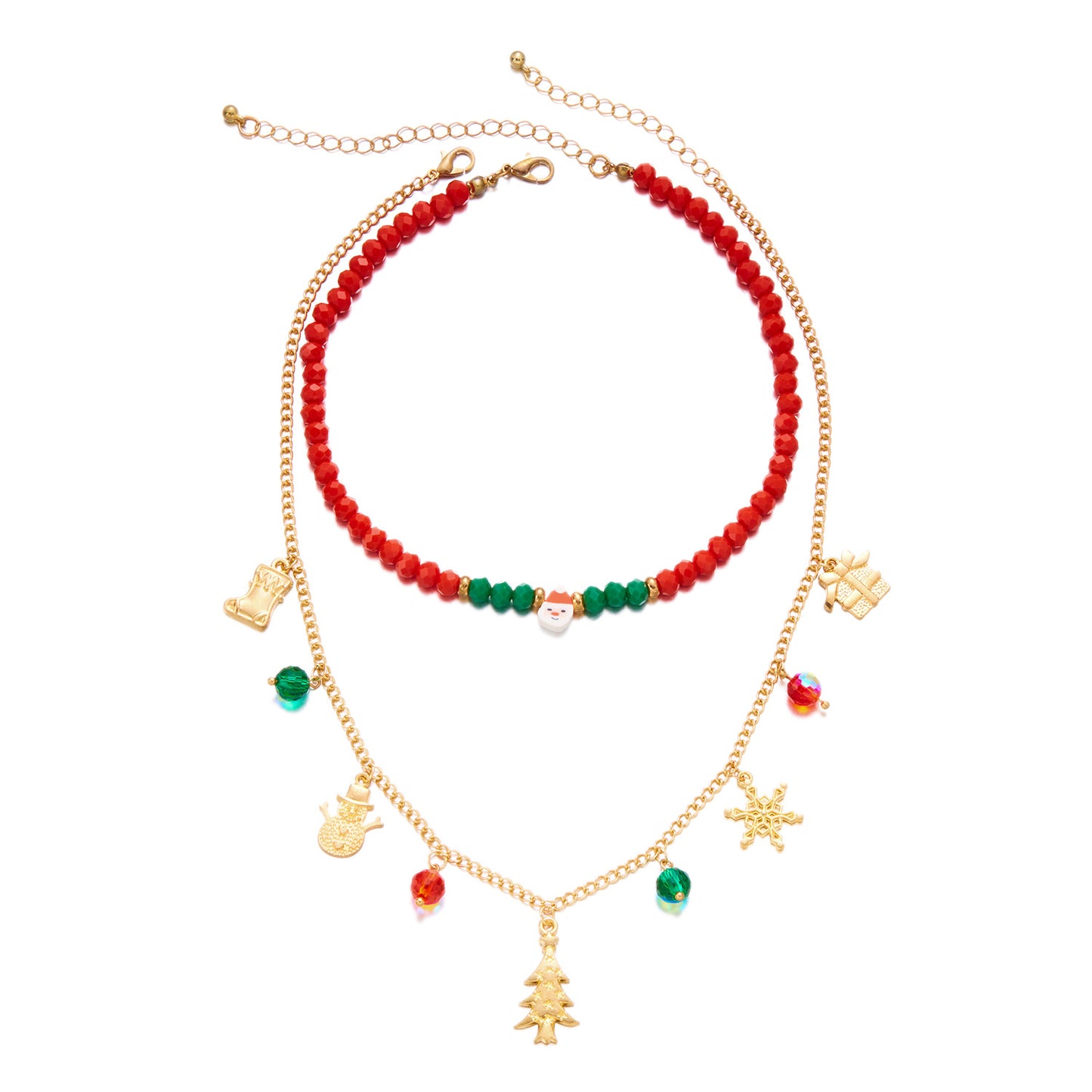 Collar de cuentas de arcilla polimérica con temática navideña con copo de nieve y colgante de Papá Noel de forma geométrica, gargantilla de cadena en O de aleación y electrochapada para mujer