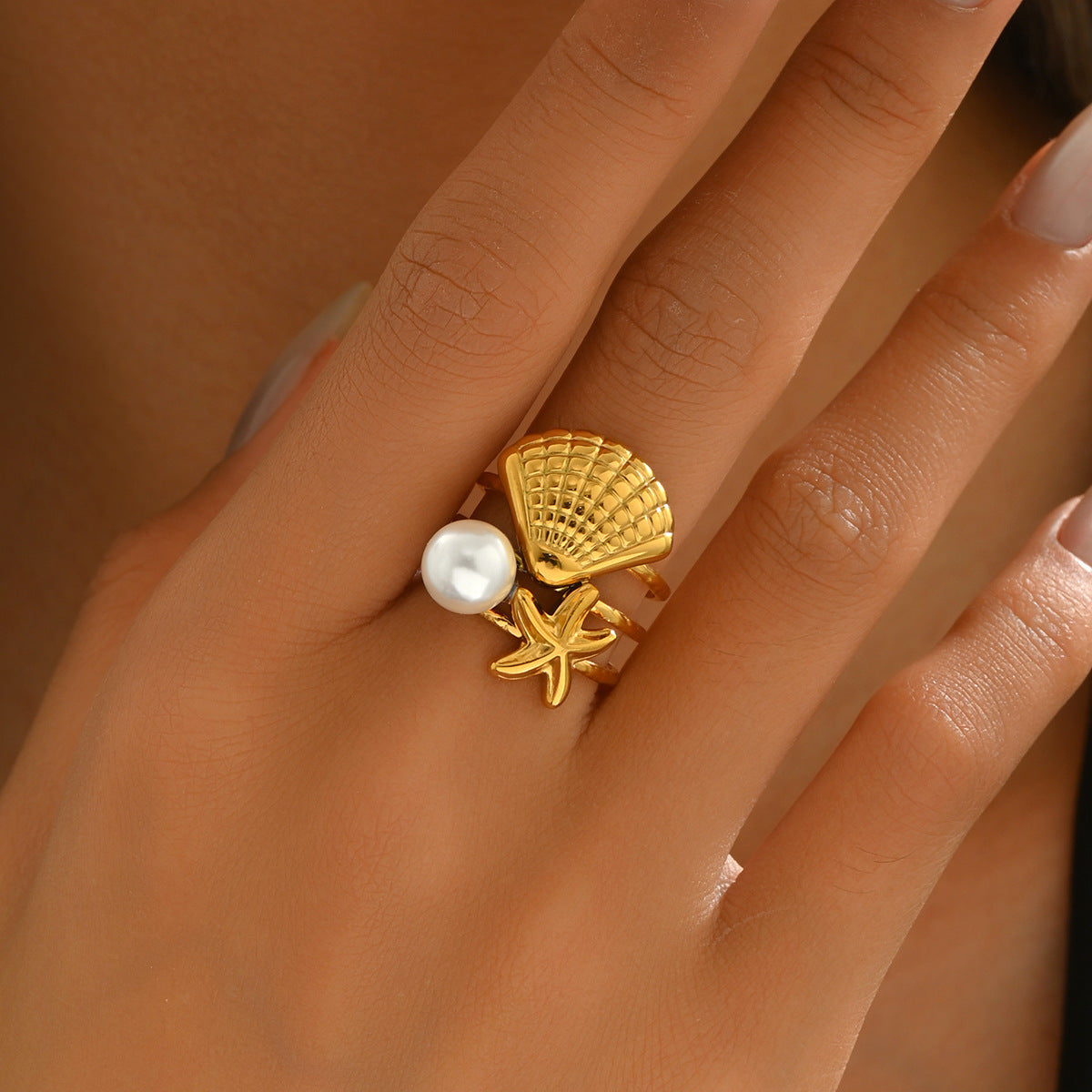 Anillo ajustable para mujer inspirado en el océano con perla e incrustaciones de concha en diseño geométrico de cobre Joyería de moda para uso diario