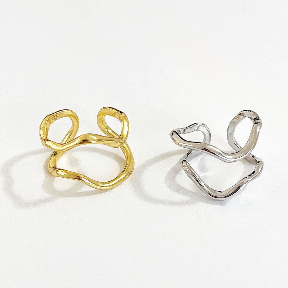Anello Minimalista in Argento Sterling 925 a Cuore Aperto con Doppio Cerchio Irregolare per Donna