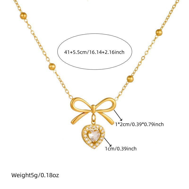 Luxury Office Chic Stainless Steel Rhinestone Heart and Bow Pendant Necklace Box Chain