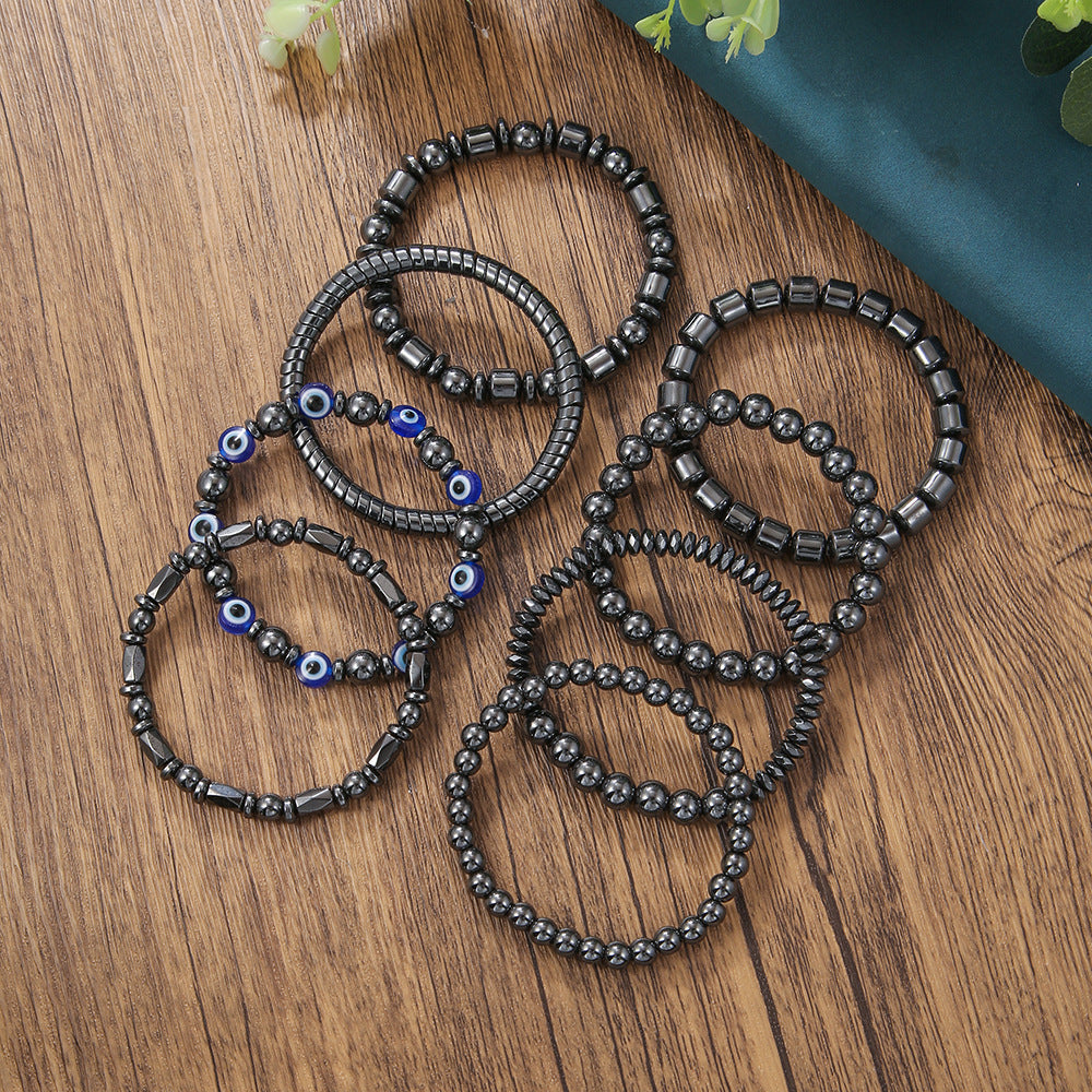 Geometric Round Hematite Magnetic Bracelet with Evil Eye Design