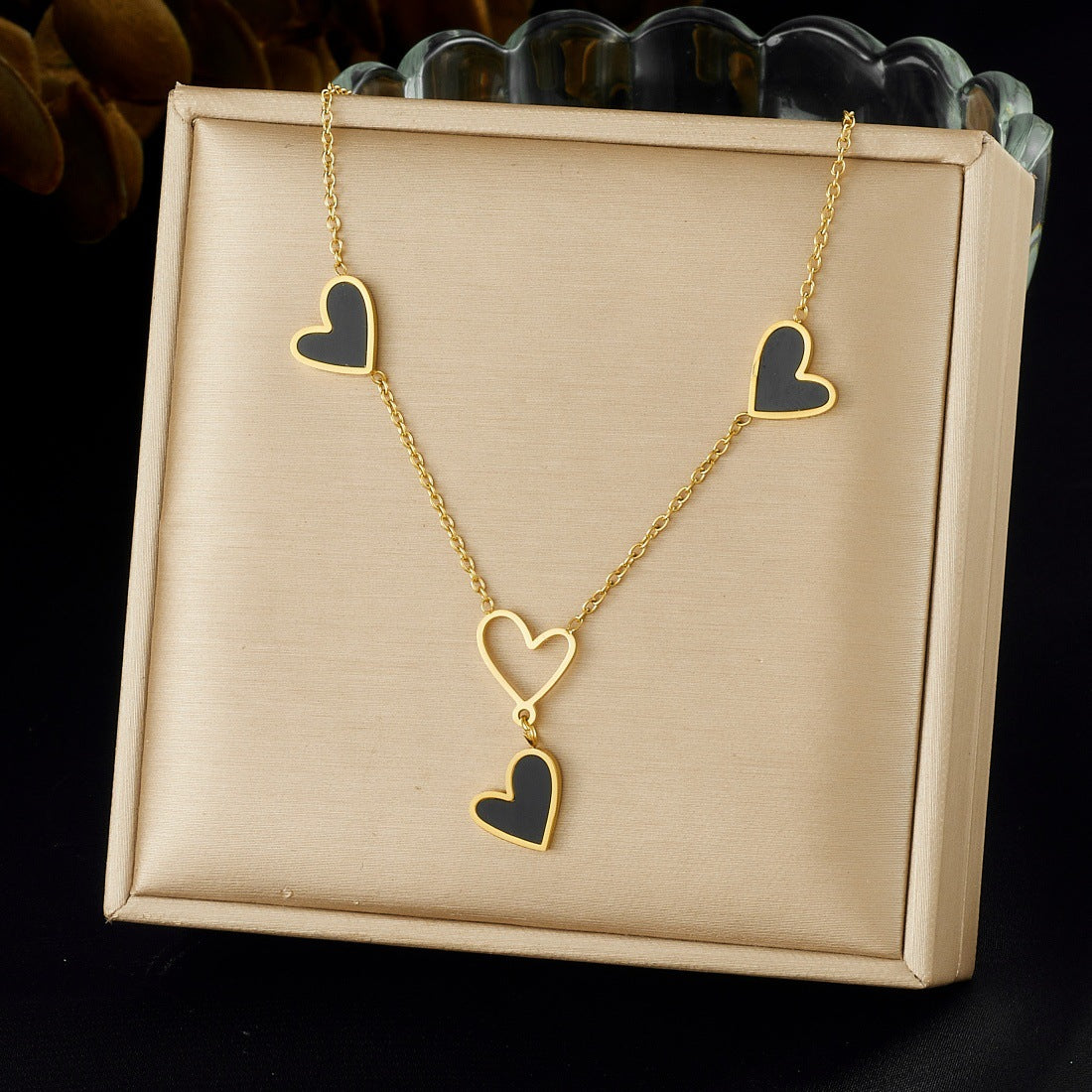 Minimalist Black Hollow Heart Stainless Steel Plated Tassel Necklace for Women