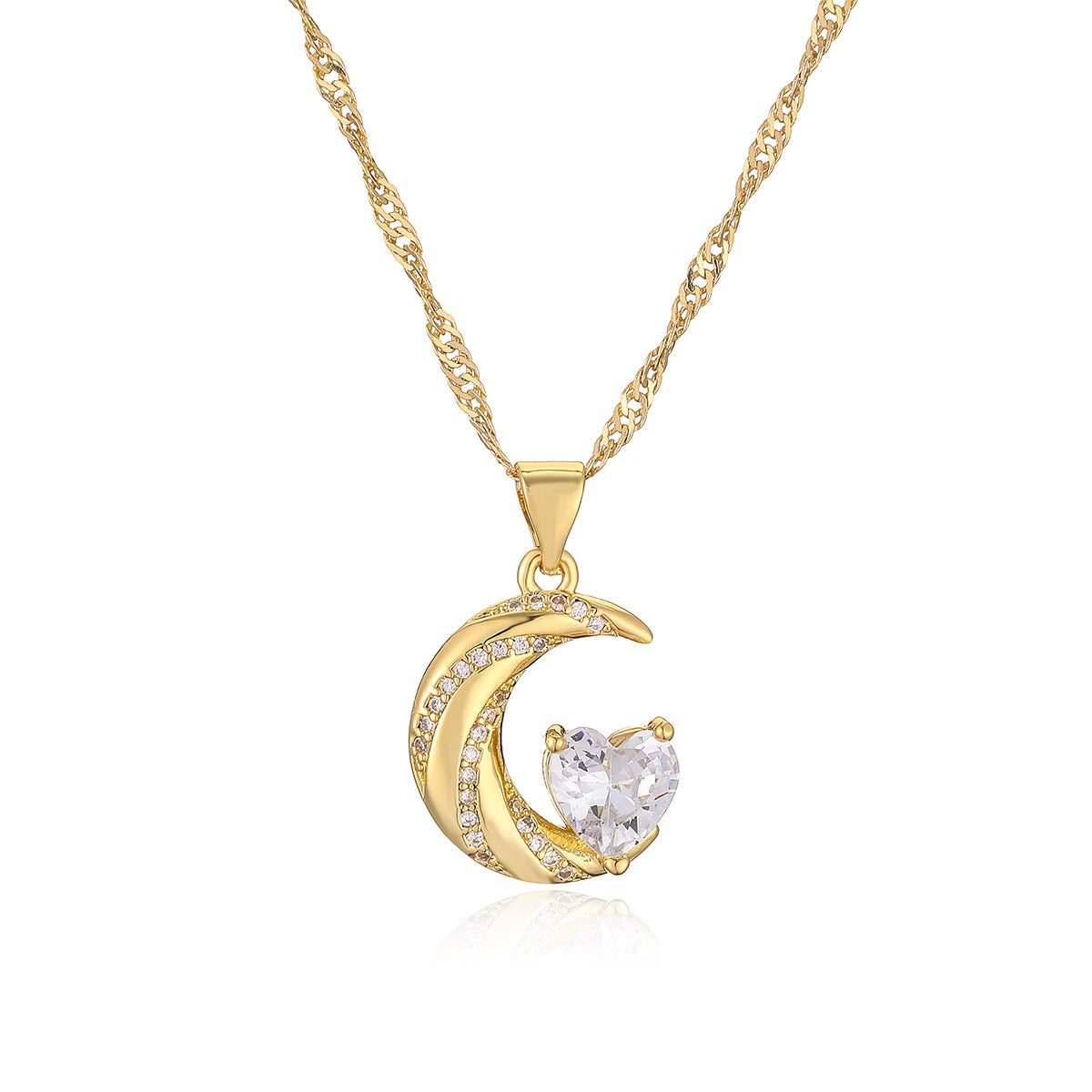 Minimalist Moon-Shaped Copper Necklace with 18K Gold Plating and Zircon Accents for Women