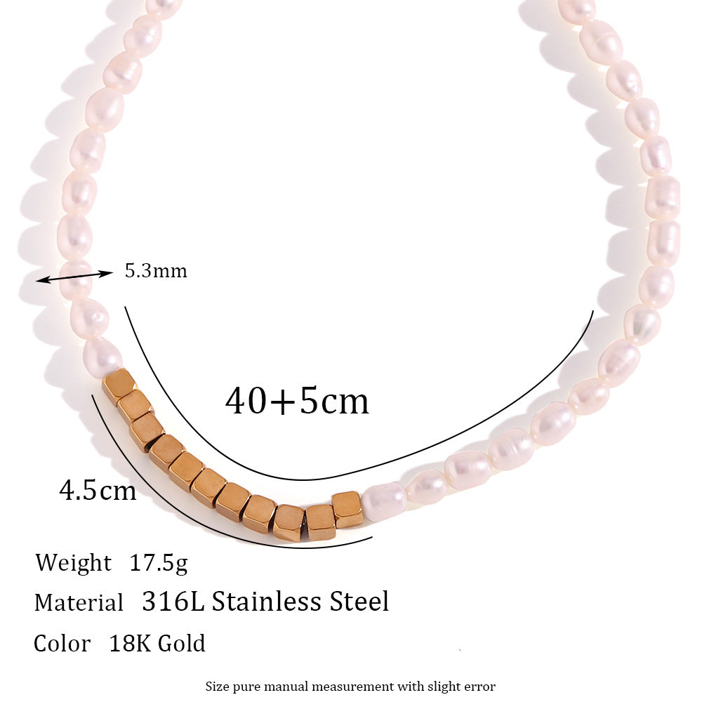 Set Bracciale e Collana in Acciaio Inossidabile Geometrico alla Moda da Donna con Accenti di Perle d'Acqua Dolce e Finitura Elettroplaccata