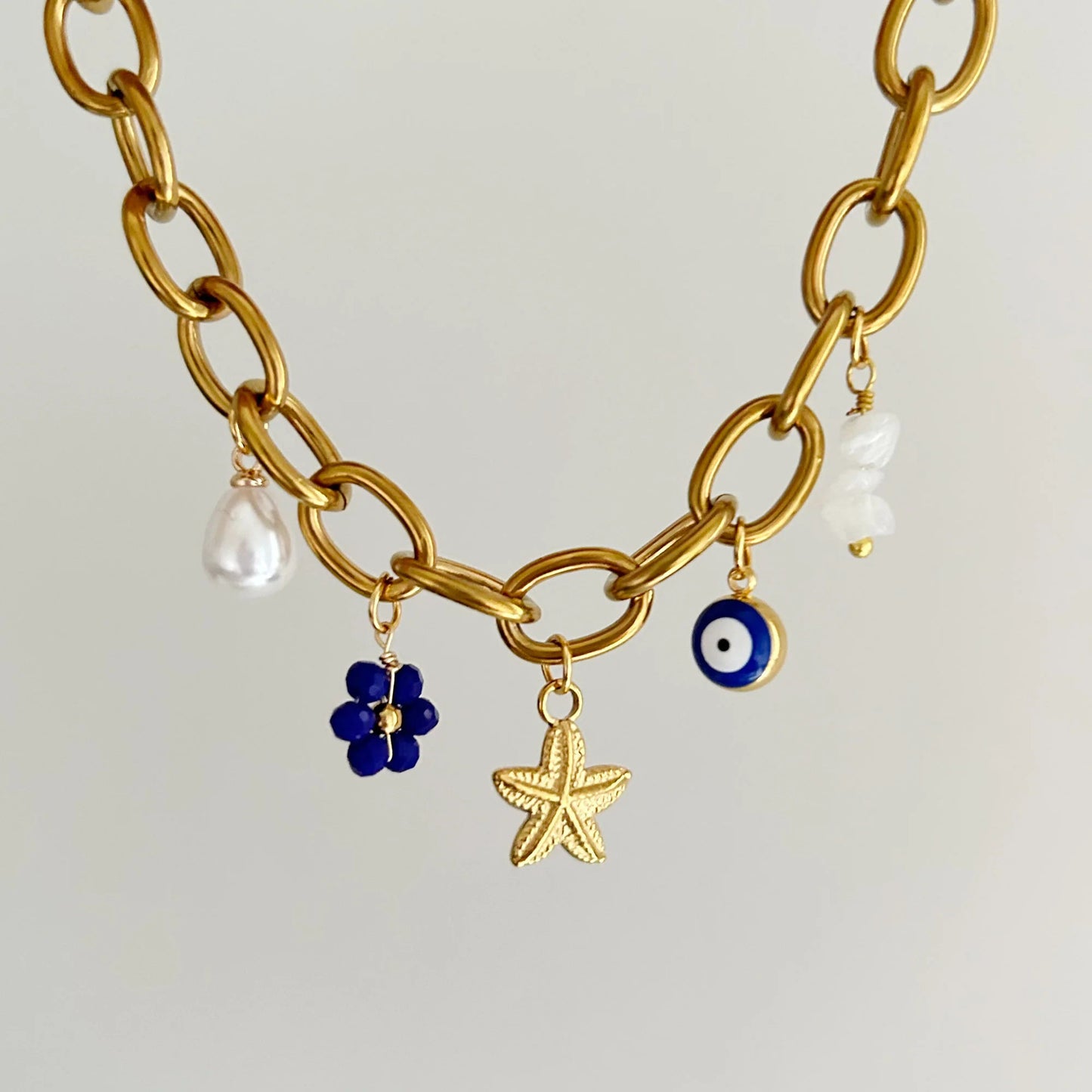 Collana a Cuore Floreale Rustico in Acciaio al Titanio con Ciondoli a Ciliegia e Anguria su Catena Elettroplaccata da Donna