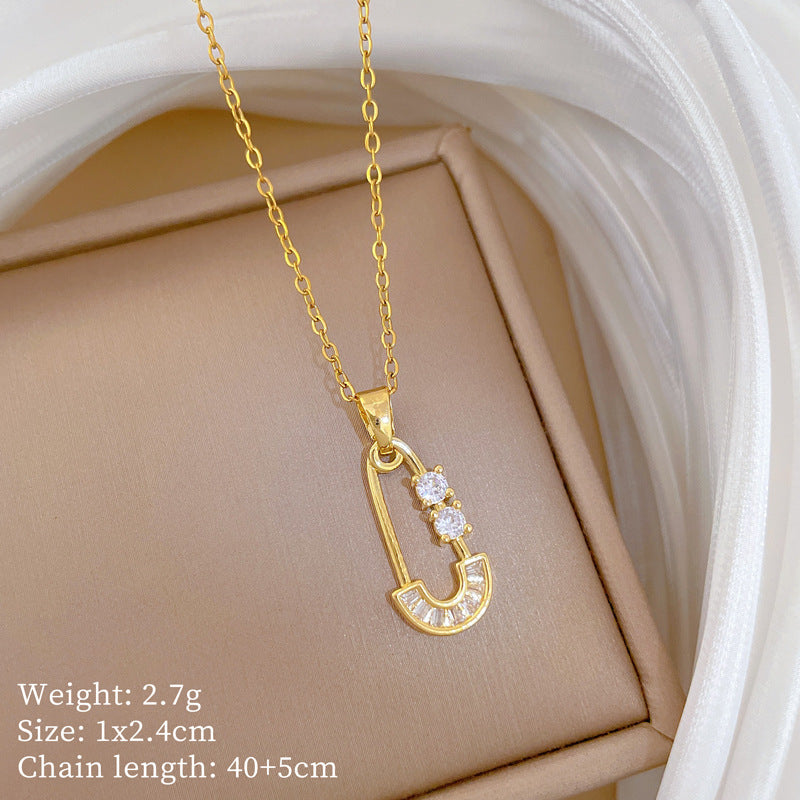 Sweet Geometric Moon Cubic Zirconia Titanium Steel Necklace for Unisex