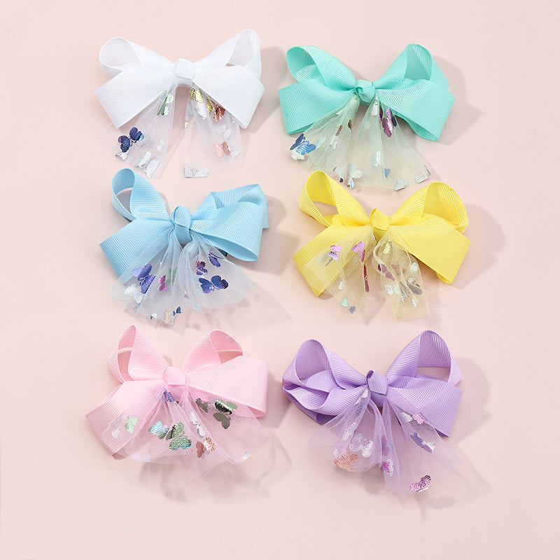 Set di fermagli per capelli con fiocco a farfalla in stile cartone animato per bambini - Accessori per capelli fatti a mano in tessuto con accenti a nastro, collezione da 6 pezzi in tinta unita