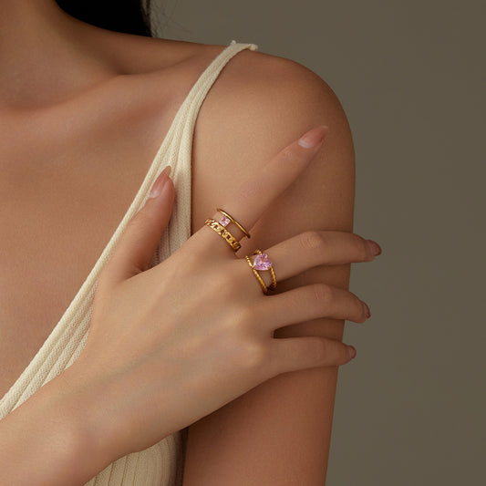 Minimalist French Vintage Titanium Steel Gold-Plated Open Heart Ring for Women with Pink Rhinestone Accents